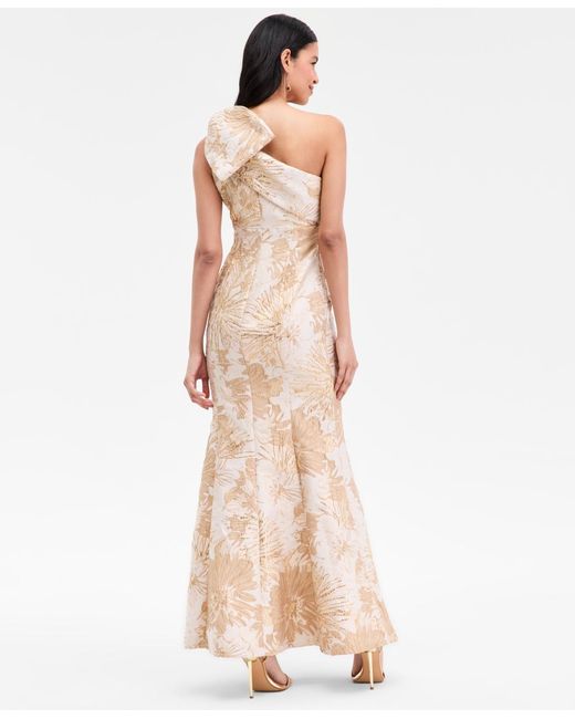 Donna Karan Natural Jacquard Bow-trim One-shoulder Gown