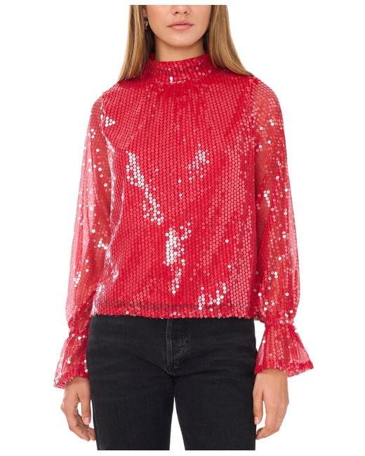 1.STATE Red Sequin Draped-back Mock-neck Top