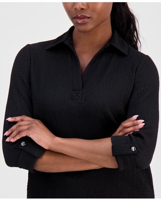 Anne Klein Essentials Black Petite Textured Split-neck Top