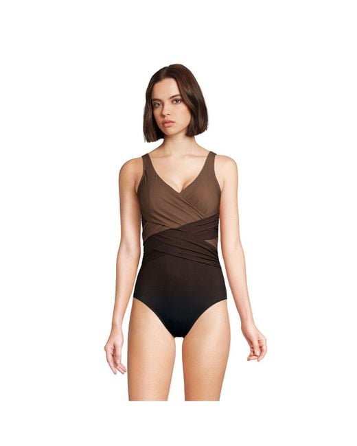 Lands' End Slendersuit Tummy Control V-neck Wrap One Piece Swimsuit in  Brown