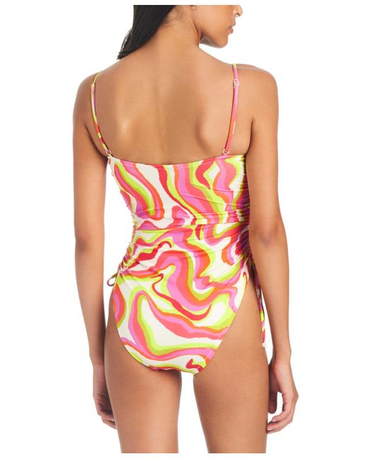 Sanctuary Red Neon Swirl Ruched-side Swimsuit