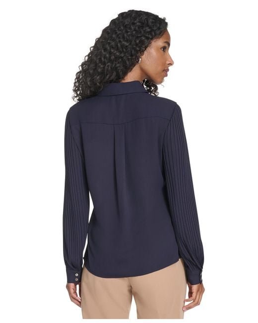 Tommy Hilfiger Blue Pleated Sleeve Button Up Blouse