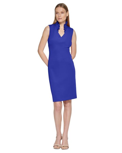 Calvin Klein Blue V-neck Scuba-crepe Sheath Dress