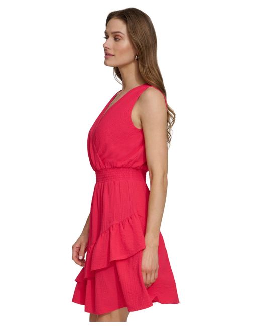 DKNY Red Sleeveless Smocked-waist A-line Dress