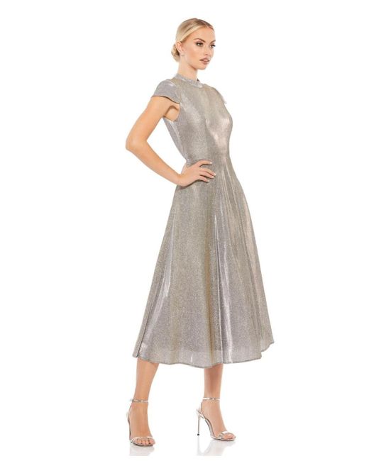 Mac Duggal White Ieena Metallic Cap Sleeve Tea-length Dress