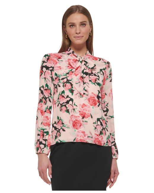 DKNY Red Petite Floral-print Tie-neck Blouse