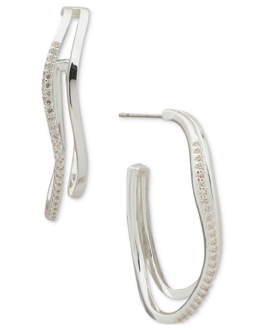 Anne Klein White Silver-tone Pave Double-row Open Hoop Earrings