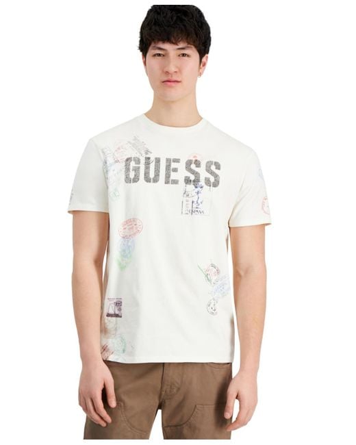 Guess White World Stamps Logo Graphic Crewneck T-shirt for men