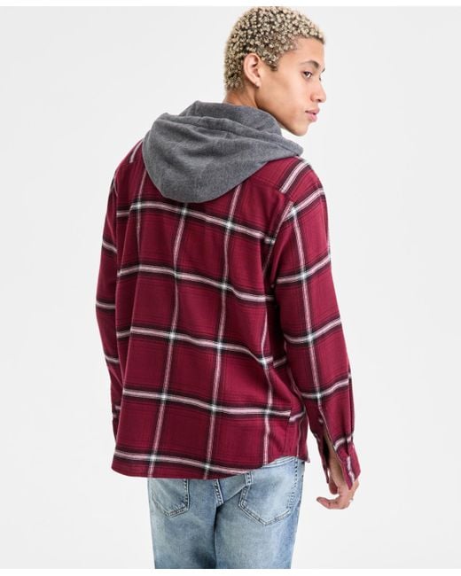 Sun & Stone Sun + Stone Bird Layered-look Hooded Cotton Flannel Plaid Shirt for men