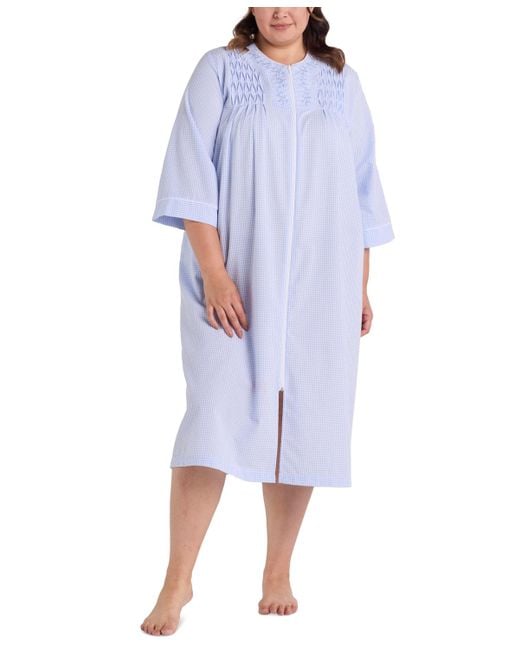 Miss Elaine Women's Blue Plus Size 3/4-sleeve Zip-front Seersucker