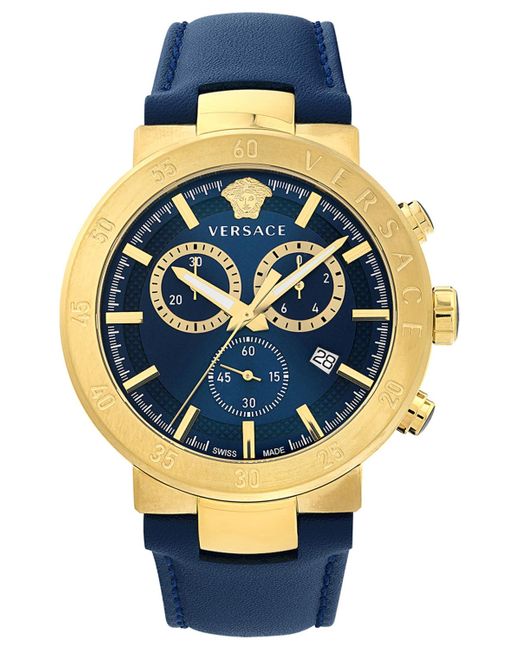Versace Metallic Swiss Chronograph Urban Mystique Blue Leather Strap Watch 43mm for men