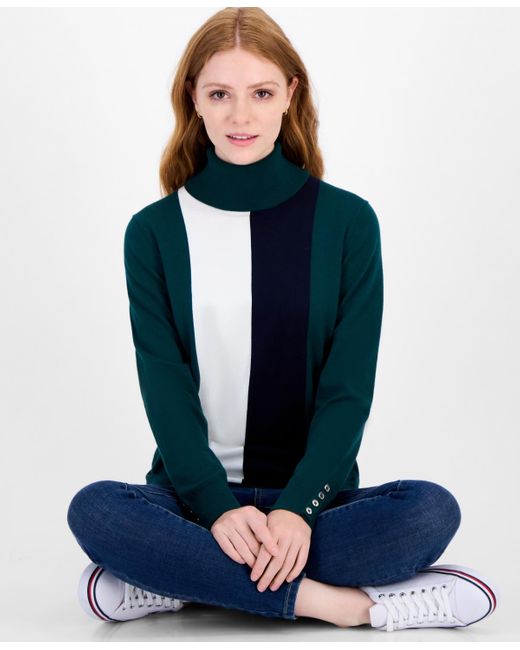 Tommy Hilfiger Blue Cotton Vertical Stripe Turtleneck Sweater