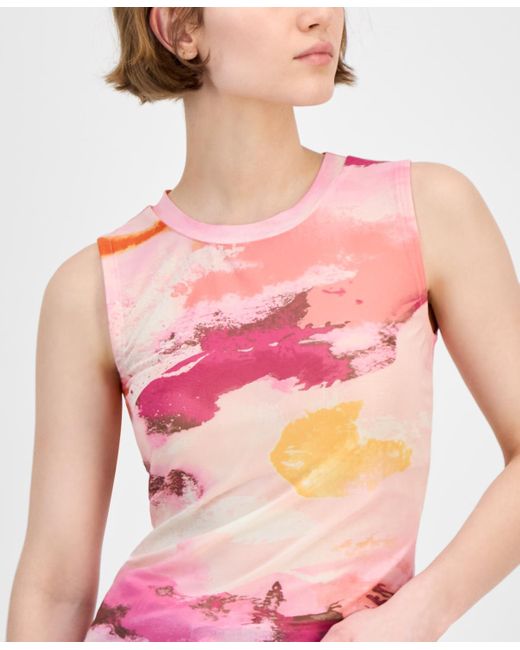 BarIII Red Printed Mesh Crewneck Sleeveless Top