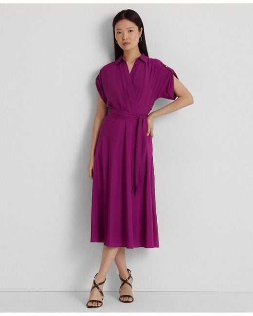 Lauren by Ralph Lauren Purple Self-belt Roll-tab Sleeve Surplice Crepe Dress