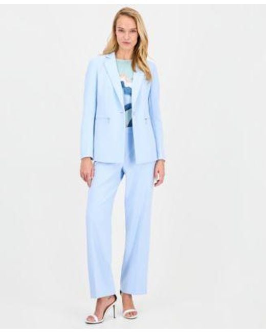 Anne Klein Blue Notch Collar One Button Jacket Printed Boat Neck Short Sleeve Top High Rise Wide Leg Pants