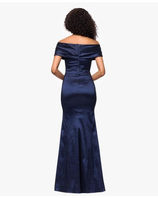 Betsy & Adam Blue Taffeta Off-the-shoulder Dress