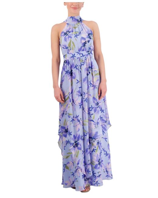 Eliza J Purple Printed High-neck Sleeveless Chiffon Dress
