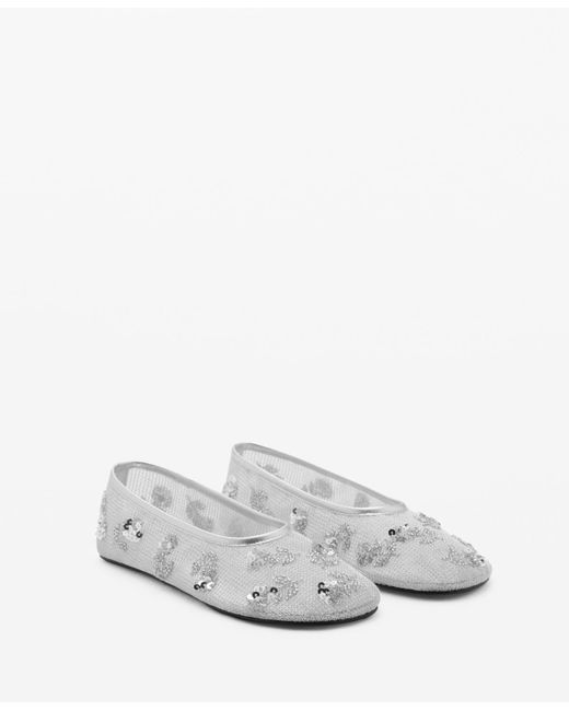 Mango White Sequin Embroidered Mesh Ballerinas Shoes