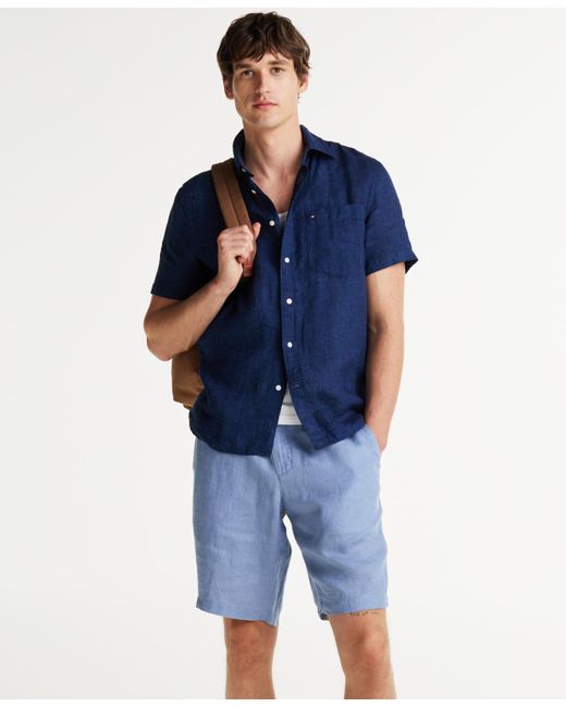Tommy Hilfiger Blue Short-sleeve Pigment-dyed Linen Button-front Shirt for men