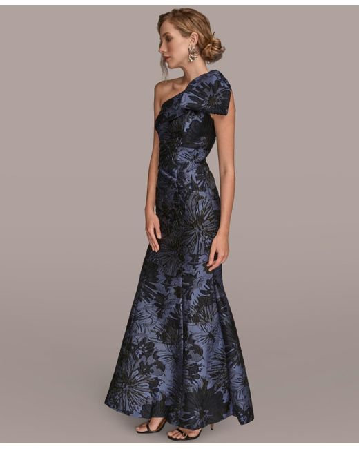 Donna Karan Blue Jacquard Bow-trim One-shoulder Gown