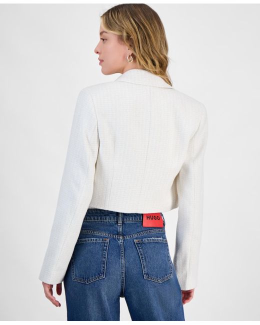 HUGO White Metallic-accent Textured Cropped Jacket