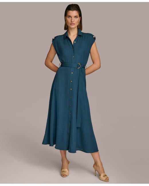 Donna Karan Blue Button-front Tie-waist Dress