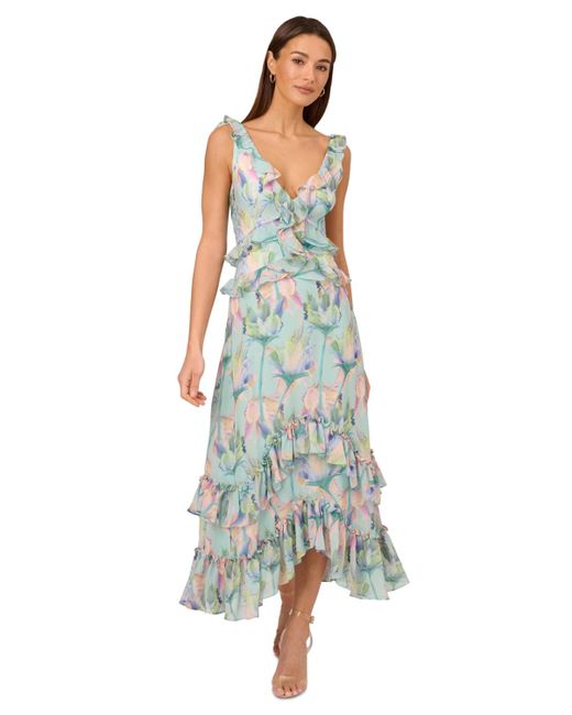 Adrianna Papell Green Floral-print Ruffled Maxi Dress