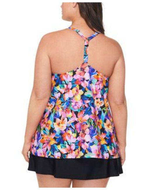 Island Escape Blue Plus Size Floral Print Tankini Top Tummy Control Swim Skirt Created For Macys