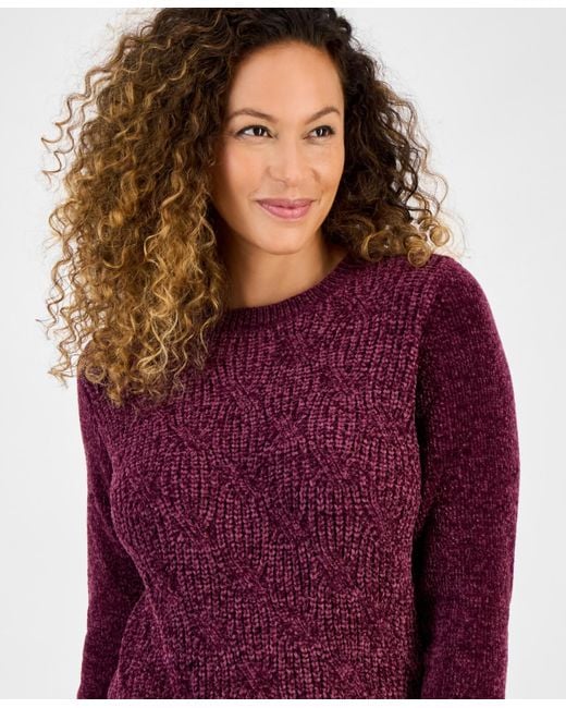 Style Women's Purple Petite Chenille Cable Knit Sweater