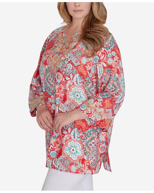 Ruby Rd Red Plus Size Silky Floral Voile Top
