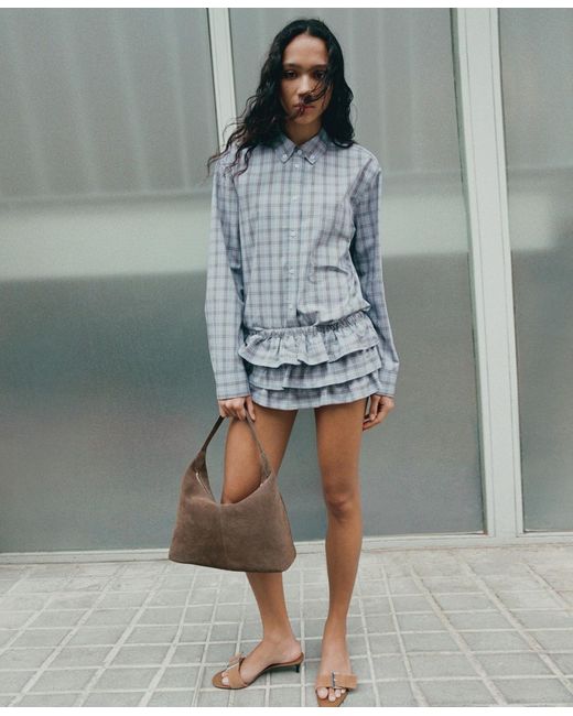 Mango White Ruffled Checkered Mini Shorts