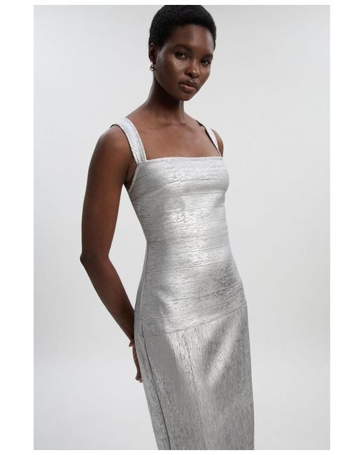Karen Millen White Metallic Strappy Knit Maxi Dress