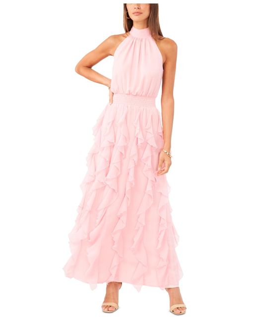 1.STATE Pink Ruffled Halter Maxi Dress