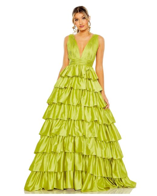 Mac Duggal Yellow Ruffle Tiered Pleated Sleeveless V Neck Gown