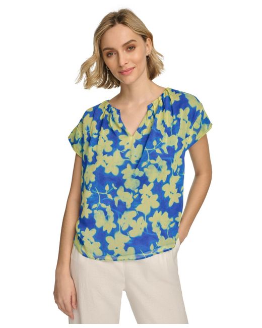 Calvin Klein Blue Short Sleeve Floral-print Blouse