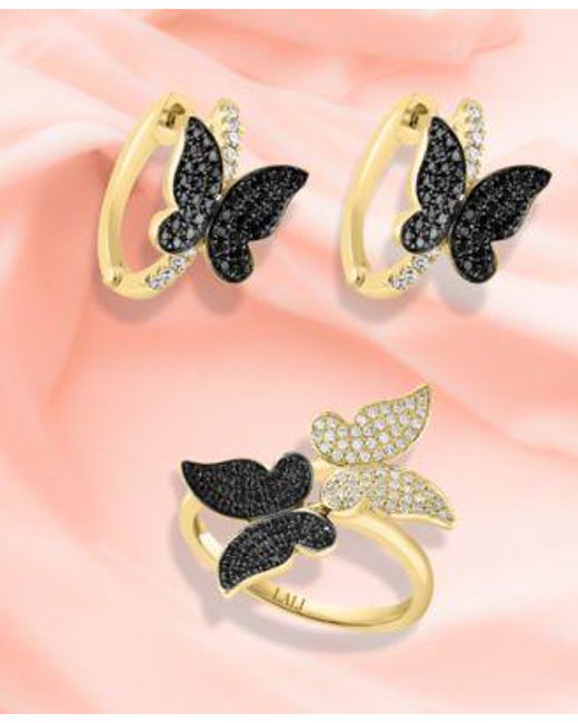 Lali Jewels Black White Diamond Butterfly Hoop Earrings Ring Jewelry Collection In 14k Gold