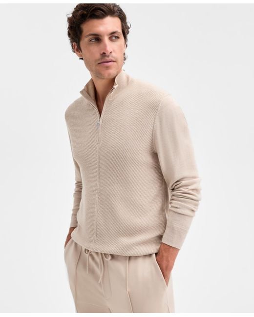 Alfani Natural Long Sleeve Textured Quarter-zip Sweater for men