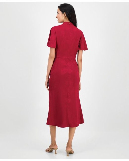 Julia Jordan Red High-neck Flounce-sleeve Midi Dress