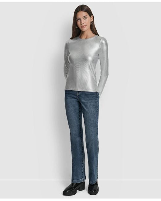 DKNY Gray Foil Rib Crewneck Long Sleeves Top