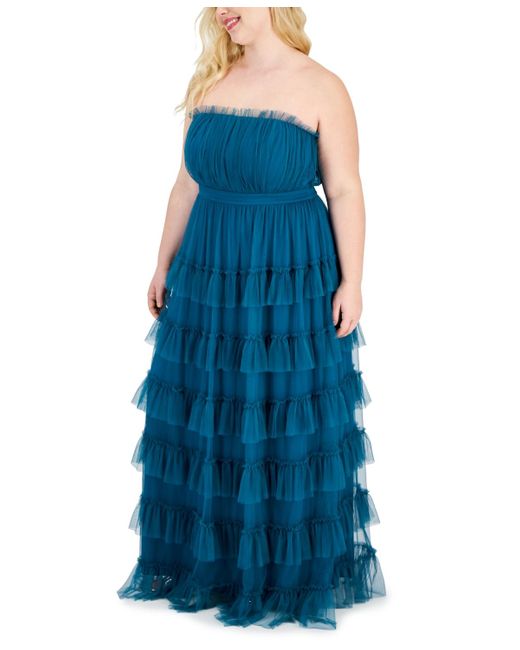 City Studios Blue Trendy Plus Size Tiered Ruffled Mesh Ball Gown