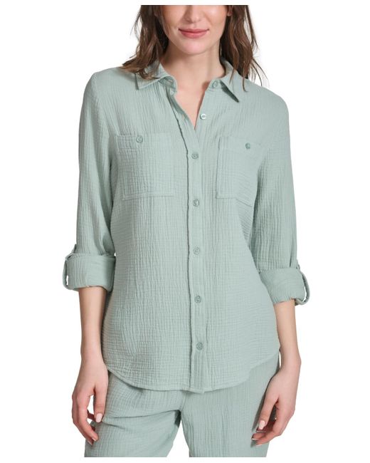 Calvin Klein Green Double-crepe Button-down Roll-tab-sleeve Shirt