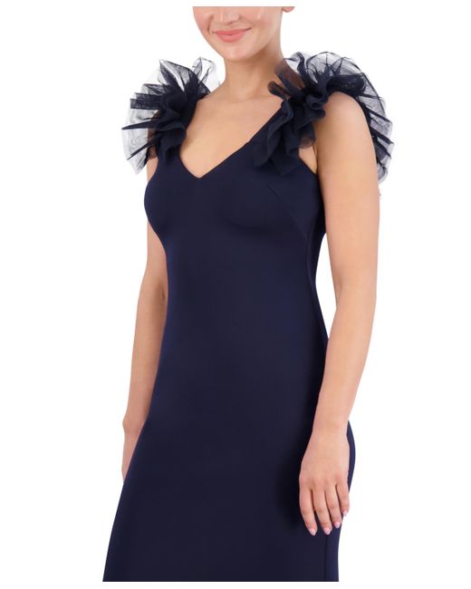 Eliza J Blue Ruffle-shoulder Mixed-media Gown