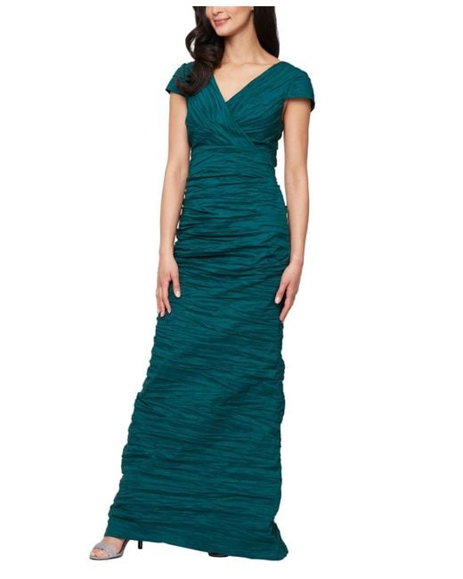 Alex Evenings Green Crinkle Stretch Taffeta Long Gown