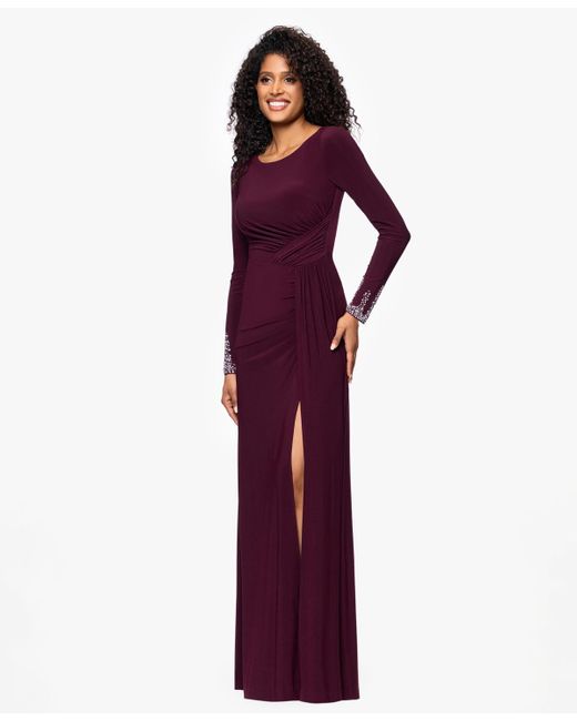 Betsy & Adam Purple Â Long Sleeve Beaded Cuff Dress