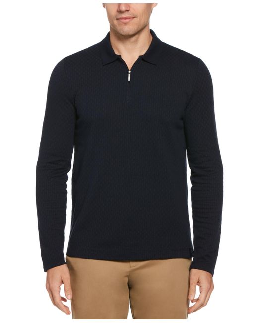Perry Ellis Long Sleeve Jacquard Quarter zip Polo Shirt in Blue