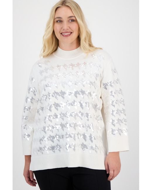 Anne Klein White Houndstooth Sequinned Sweater