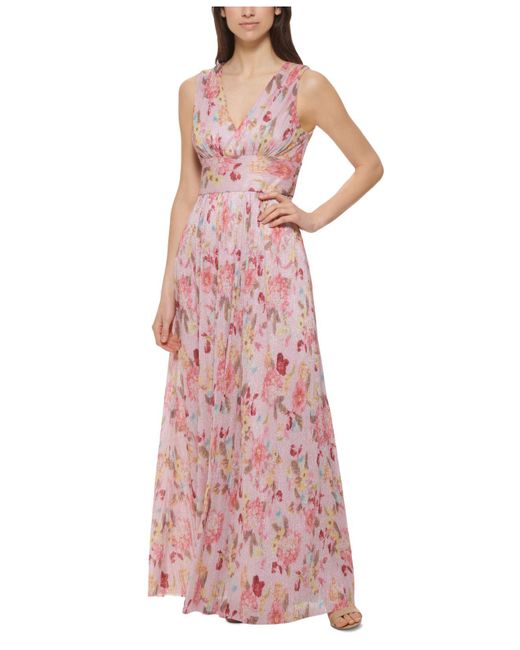 Jessica Howard Metallic Pleated Chiffon Gown in Pink | Lyst Canada