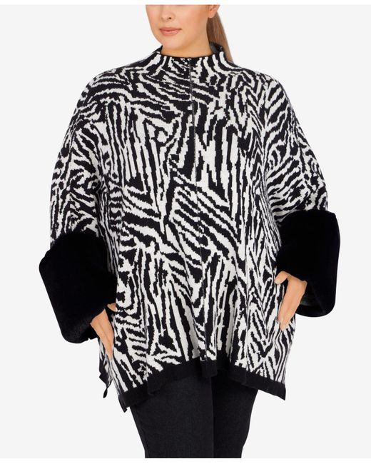 Ruby Rd. Plus Size Zebra Faux Fur Poncho Sweater in Black | Lyst