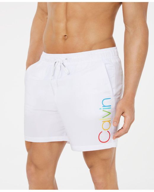 Calvin Klein White Rainbow Pride Logo-print Quick-dry 5-1/2" Swim Trunks for men