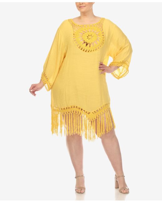 White Mark Yellow Plus Size Crocheted Fringed Trim Cover Up Dress